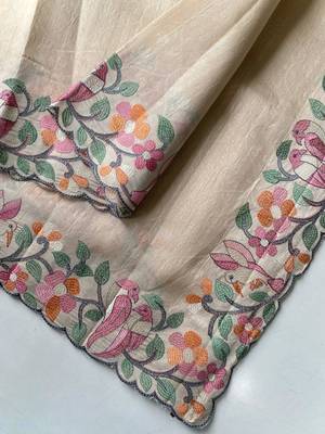 cream floral embroidered tussar silk saree 4