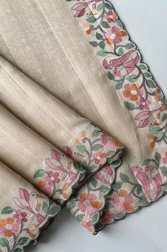 cream floral embroidered tussar silk saree