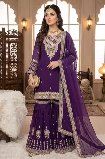 Purple georgette coding sequance embroidery work sharara suit