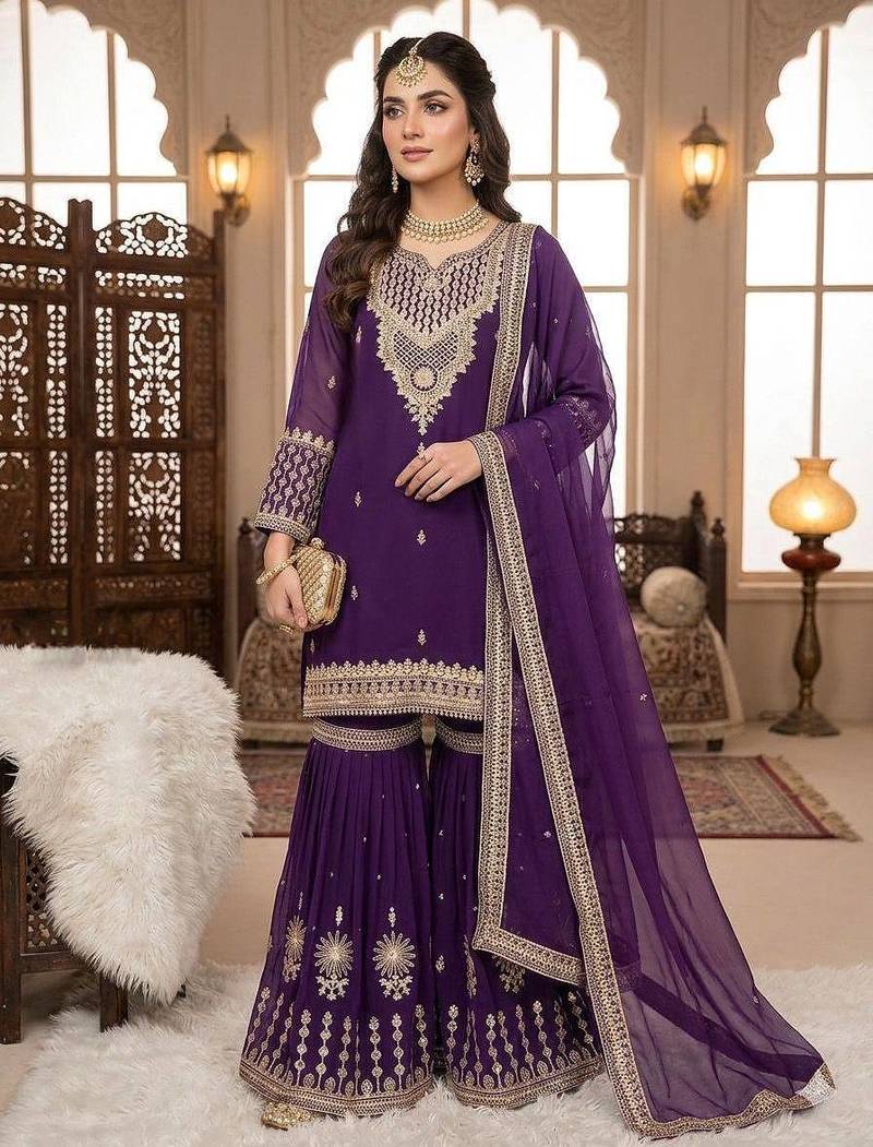 Purple georgette coding sequance embroidery work sharara suit