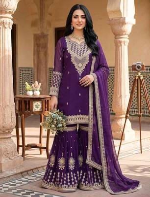 purple embroidered georgette sharara suit 2