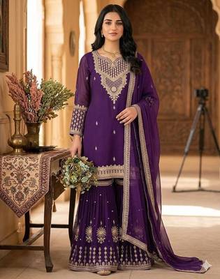 purple embroidered georgette sharara suit 3