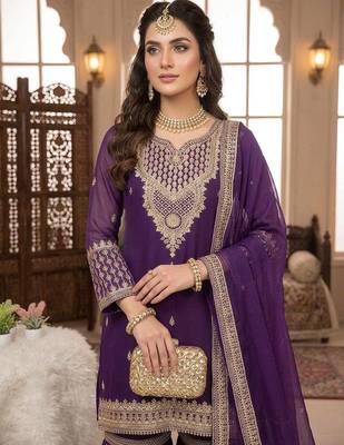 purple embroidered georgette sharara suit 4