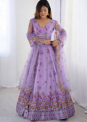 Womens's Net Floral Embroidered Semi-Stitched Lehenga Choli With Dupatta Set 1