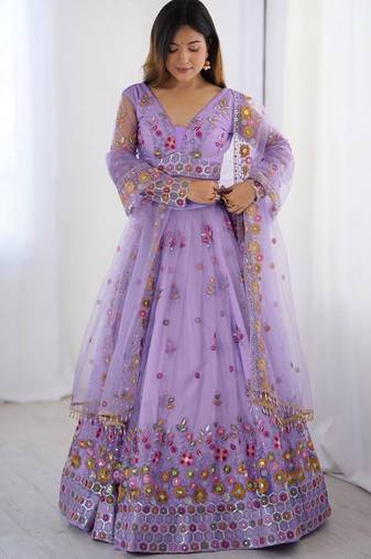 Womens's Net Floral Embroidered Semi-Stitched Lehenga Choli With Dupatta Set