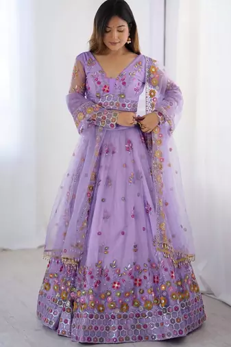 Womens's Net Floral Embroidered Semi-Stitched Lehenga Choli With Dupatta Set