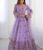 Womens's Net Floral Embroidered Semi-Stitched Lehenga Choli With Dupatta Set