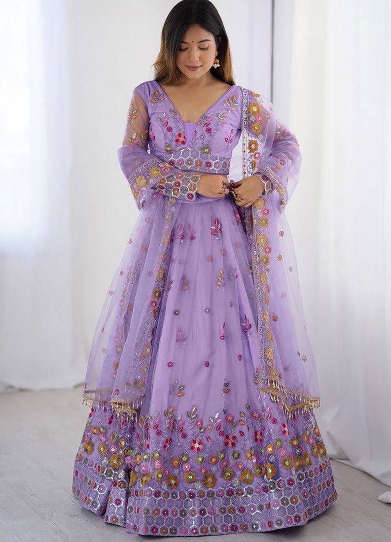 Womens's Net Floral Embroidered Semi-Stitched Lehenga Choli With Dupatta Set