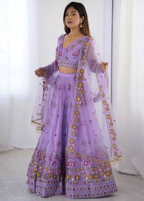 Womens's Net Floral Embroidered Semi-Stitched Lehenga Choli With Dupatta Set 2