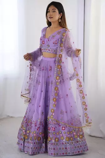 Womens's Net Floral Embroidered Semi-Stitched Lehenga Choli With Dupatta Set