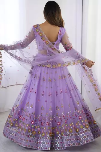 Womens's Net Floral Embroidered Semi-Stitched Lehenga Choli With Dupatta Set