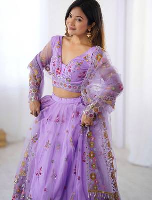 Womens's Net Floral Embroidered Semi-Stitched Lehenga Choli With Dupatta Set 4