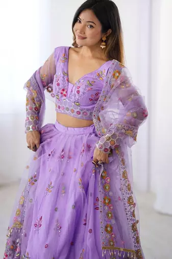 Womens's Net Floral Embroidered Semi-Stitched Lehenga Choli With Dupatta Set