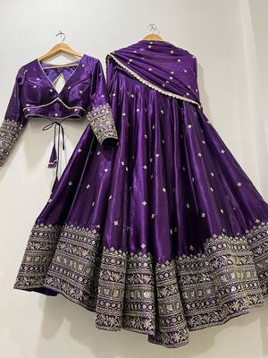 Womens's Chinnon Sequins Embroidered Semi-Stitched Lehenga Choli With Dupatta Set 1
