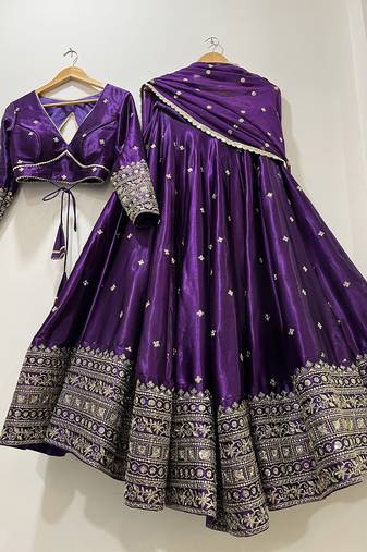 Womens's Chinnon Sequins Embroidered Semi-Stitched Lehenga Choli With Dupatta Set