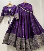 Womens's Chinnon Sequins Embroidered Semi-Stitched Lehenga Choli With Dupatta Set