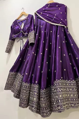 Womens's Chinnon Sequins Embroidered Semi-Stitched Lehenga Choli With Dupatta Set