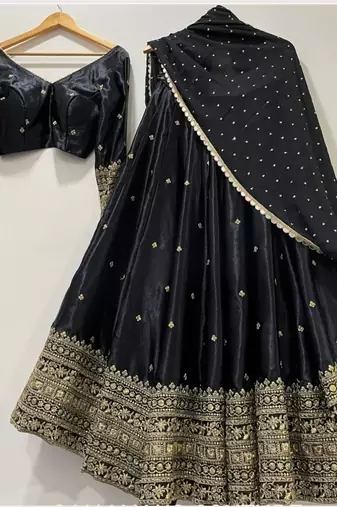 Womens's Chinnon Sequins Embroidered Semi-Stitched Lehenga Choli With Dupatta Set