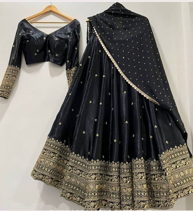 Womens's Chinnon Sequins Embroidered Semi-Stitched Lehenga Choli With Dupatta Set