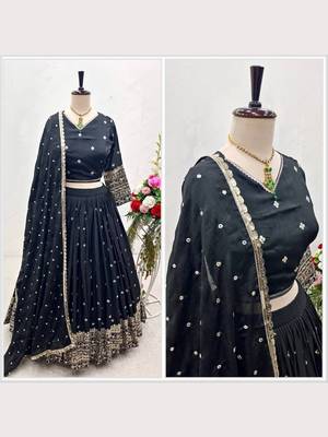 Womens's Chinnon Sequins Embroidered Semi-Stitched Lehenga Choli With Dupatta Set 2