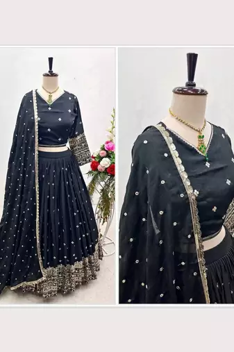 Womens's Chinnon Sequins Embroidered Semi-Stitched Lehenga Choli With Dupatta Set