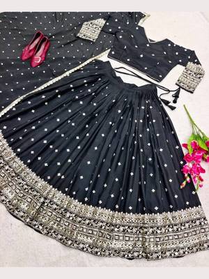 Womens's Chinnon Sequins Embroidered Semi-Stitched Lehenga Choli With Dupatta Set 3