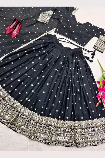 Womens's Chinnon Sequins Embroidered Semi-Stitched Lehenga Choli With Dupatta Set