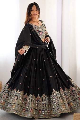 Womens's Chinnon Traditional Motiff Semi-Stitched Lehenga Choli With Dupatta Set