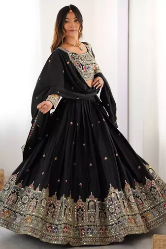 Womens's Chinnon Traditional Motiff Semi-Stitched Lehenga Choli With Dupatta Set