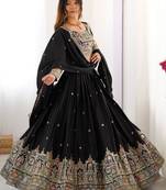 Womens's Chinnon Traditional Motiff Semi-Stitched Lehenga Choli With Dupatta Set