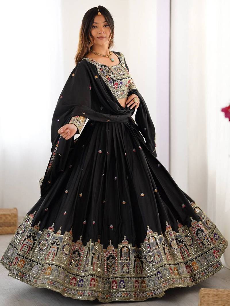 Womens's Chinnon Traditional Motiff Semi-Stitched Lehenga Choli With Dupatta Set