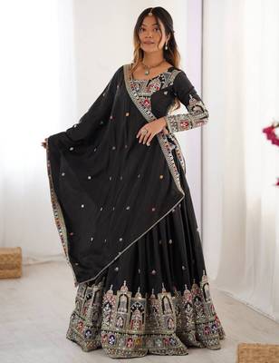 Womens's Chinnon Traditional Motiff Semi-Stitched Lehenga Choli With Dupatta Set 2