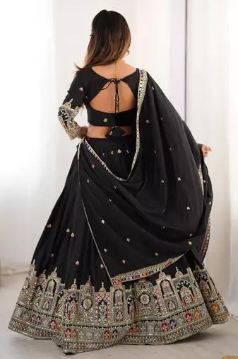 Womens's Chinnon Traditional Motiff Semi-Stitched Lehenga Choli With Dupatta Set