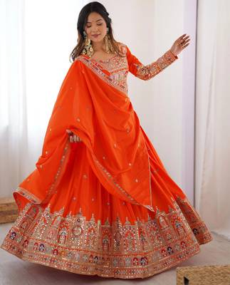 Womens's Chinnon Traditional Motiff Semi-Stitched Lehenga Choli With Dupatta Set 1
