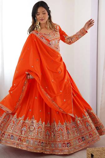 Womens's Chinnon Traditional Motiff Semi-Stitched Lehenga Choli With Dupatta Set