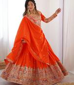 Womens's Chinnon Traditional Motiff Semi-Stitched Lehenga Choli With Dupatta Set
