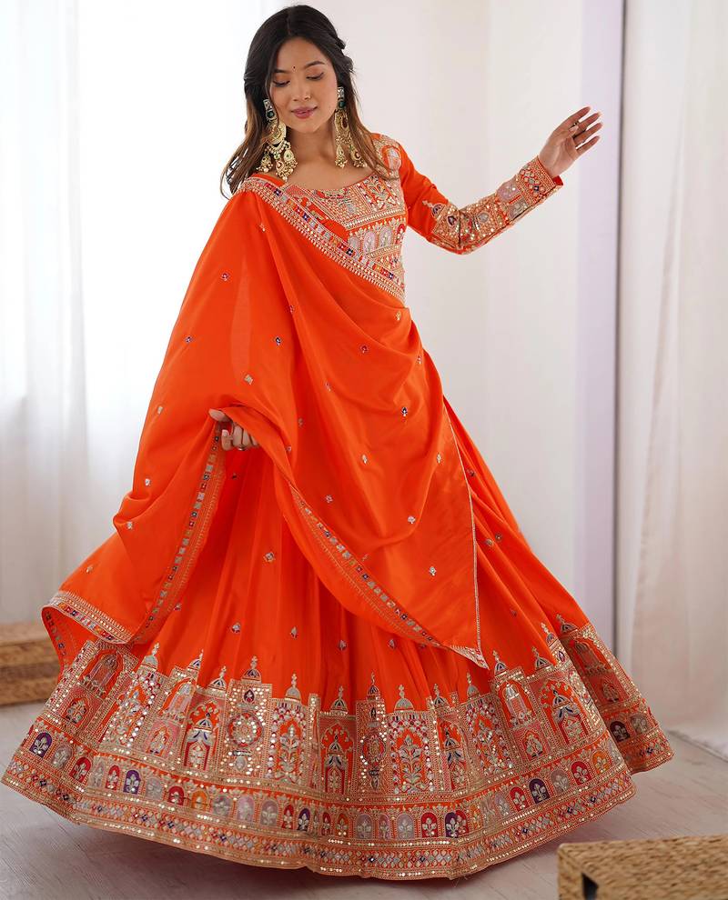 Womens's Chinnon Traditional Motiff Semi-Stitched Lehenga Choli With Dupatta Set