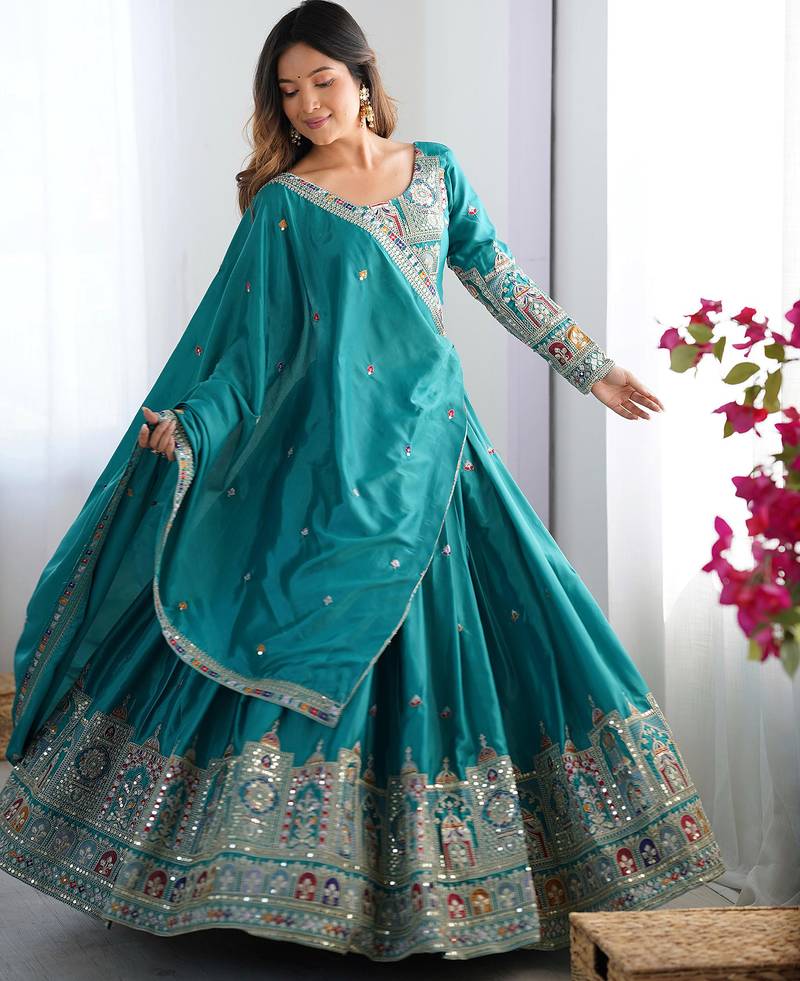 Womens's Chinnon Traditional Motiff Semi-Stitched Lehenga Choli With Dupatta Set