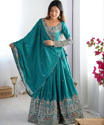 Womens's Chinnon Traditional Motiff Semi-Stitched Lehenga Choli With Dupatta Set 2