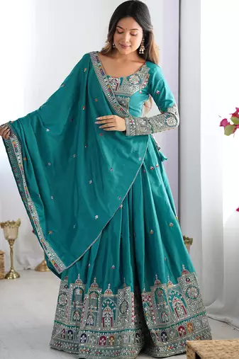 Womens's Chinnon Traditional Motiff Semi-Stitched Lehenga Choli With Dupatta Set