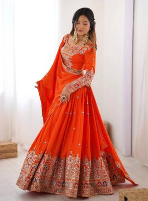 Womens's Chinnon Traditional Motiff Semi-Stitched Lehenga Choli With Dupatta Set 2