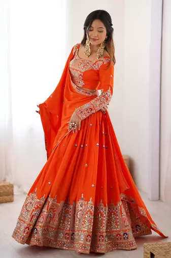 Womens's Chinnon Traditional Motiff Semi-Stitched Lehenga Choli With Dupatta Set