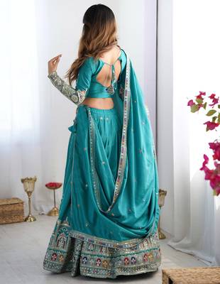 Womens's Chinnon Traditional Motiff Semi-Stitched Lehenga Choli With Dupatta Set 3