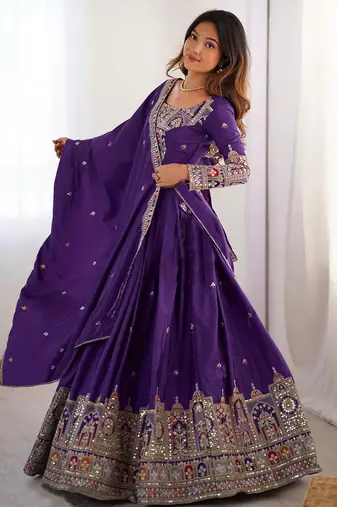 Womens's Chinnon Traditional Motiff Semi-Stitched Lehenga Choli With Dupatta Set