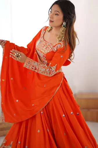 Womens's Chinnon Traditional Motiff Semi-Stitched Lehenga Choli With Dupatta Set