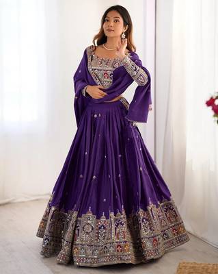 Womens's Chinnon Traditional Motiff Semi-Stitched Lehenga Choli With Dupatta Set 2