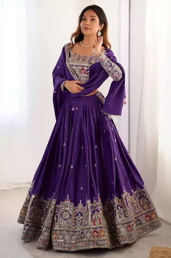 Womens's Chinnon Traditional Motiff Semi-Stitched Lehenga Choli With Dupatta Set