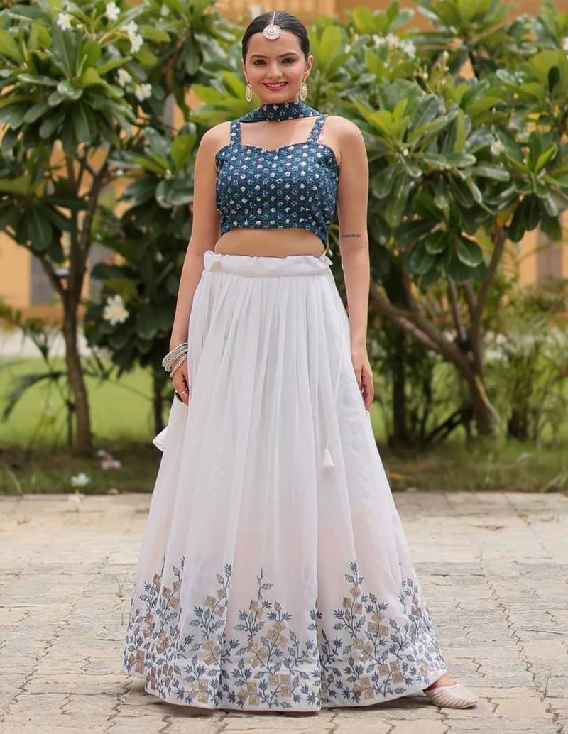 Womens's Georgette Floral Motiff Semi-Stitched Lehenga Choli With Dupatta Set