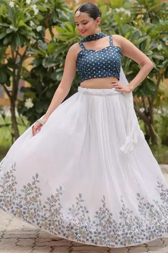 Womens's Georgette Floral Motiff Semi-Stitched Lehenga Choli With Dupatta Set