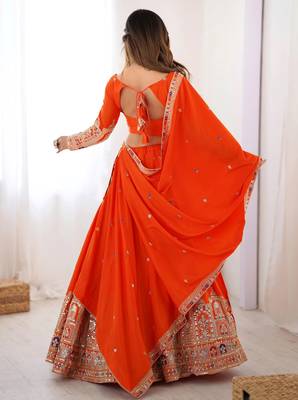 Womens's Chinnon Traditional Motiff Semi-Stitched Lehenga Choli With Dupatta Set 4